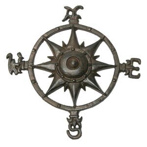 Cast Iron Rustic Compass Rose Sculpture Wall or Garden Decor